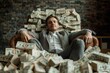 © Road Red Runner - A man sitting on a chair completely covered in a mountain of banknotes, showcasing extreme wealth and prosperity.