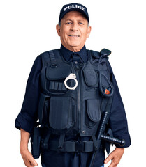 Canvas Print - Senior handsome man wearing police uniform looking positive and happy standing and smiling with a confident smile showing teeth