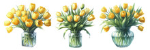 Watercolor illustration material set of yellow tulips in a glass vase