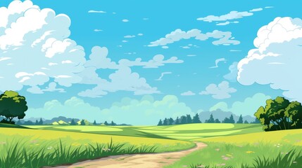 Wall Mural - Nature Landscape with Blue Sky. Nature landscape with blue sky clouds wallpaper. Cartoon illustration of a road in a field with blue sky and clouds.