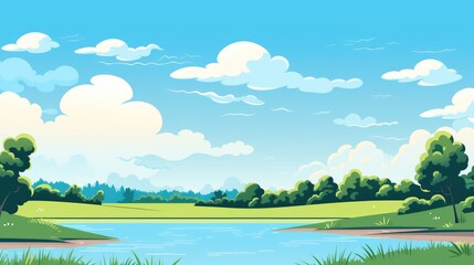 Grass Field landscape with blue sky and white cloud. Blue sky clouds sunny day wallpaper. illustration of a Grass Field with blue sky. green field in a day. 