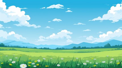 Grass Field landscape with blue sky and white cloud. Blue sky clouds sunny day wallpaper. Cartoon illustration of a Grass Field with blue sky in Summer. green field in a day.