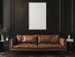 One white poster mockup hang above a brown leather sofa, advertisement inspired,