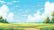 Blue sky clouds sunny day wallpaper. Cartoon illustration of a Grass Field with blue sky in Summer. Grass Field landscape with blue sky and white cloud. 