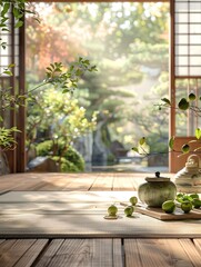 The tranquil interior of a Japanese tea room with a traditional tea pot and fresh green plums, inviting relaxation with a serene garden view.