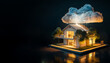 Modern house under a cloud icon, depicting smart home features and connectivity. Representing IoT and cloud computing.