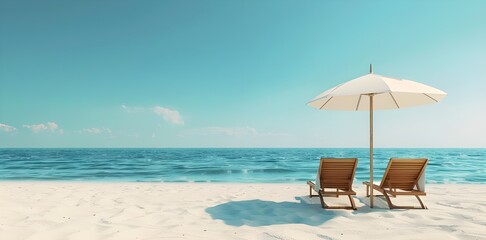 Wall Mural - Two beach chairs and an umbrella on a white sand beach with a blue sea and sky. Banner with copy space for text.