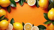 Frame with lemon fruits citrus and leaves on orange background. Summer background with tropic fruits  with copy space. Bright spring tropical card, banner, poster.