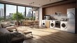 Illustrate a stylish and spacious kitchen and living room, featuring a refrigerator and washing machine, with a view overlooking a cozy dining area under a wooden ceiling.