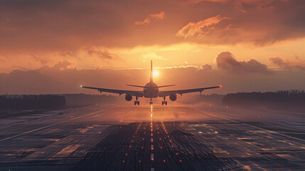 Poster - A plane is taking off from an airport runway. The sky is cloudy and the sun is setting, creating a beautiful orange and pink sky