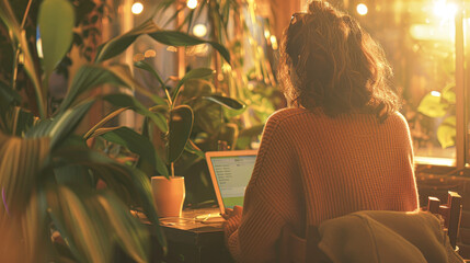 A woman is sitting at a table with a laptop and a potted plant in front of her. She is wearing a sweater and she is focused on her work. The scene suggests a cozy and comfortable atmosphere