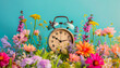 Vintage alarm clock surrounded by a vibrant array of spring flowers on a soothing pastel background, illustrating the concept of spring