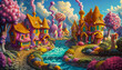 Illustration of a village made of candy and cotton candy, colorful with houses made of confectionery delights and a flowing river