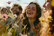 A group of friends laughing and enjoying a picnic in a sun-drenched meadow, surrounded by wildflowers and lush greenery, capturing the joy of companionship and outdoor leisure.