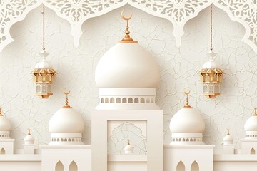 Wall Mural - white amber islamic ornament wallpaper desktop with white realistic mosque and small islamic lantern floating on top 