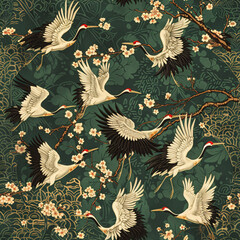 Seamless japanese pattern with cranes