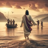 Fototapeta Londyn - christ walking on water, jesus walk on water sea of galilee toward fishing boat and disciples.