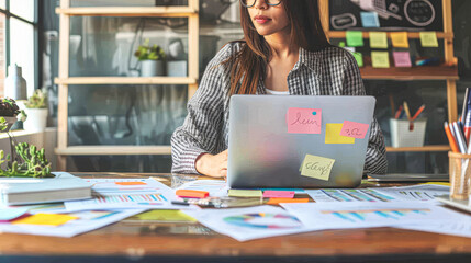 Poster - A woman is sitting at a desk with a laptop and a bunch of sticky notes on it. The sticky notes are written in different colors and sizes, and some of them have words like 