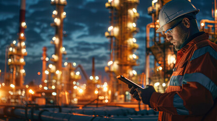 Wall Mural - A man in a hard hat is looking at a tablet while standing in front of a large industrial plant