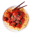 Homemade spaghetti and meatballs with tomato sauce. Overhead view with forks isolated on a white background.