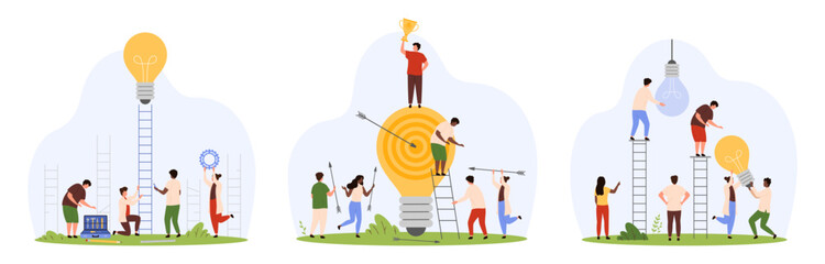 Success business goal and career, change to new innovation set. Tiny people climb ladder to yellow light bulb, hit circle target with arrow, replace broken dark lamp cartoon vector illustration