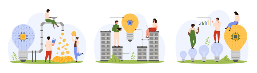 Develop and monetize digital project and solution set. Tiny people connect bright light bulb with circuit inside and cloud servers, control flow of money and investment cartoon vector illustration