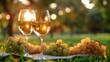 picnic with two glasses with white wine and fruits, city park on blurred background with copy space;