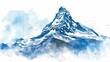 A watercolor landscape showing a snowy mountain peak under a clear blue sky, on a white background
