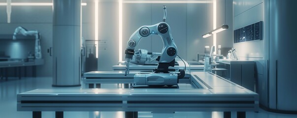 Poster - A robot is laying on the floor in a room with a blue light