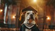 Paws and Pomp. Dog Graduation Day. Celebrating academic success, this proud dog in a cap and gown exudes determination and accomplishment within the grandeur of a ceremonial hall.