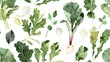 Delicately rendered watercolor turnips, collard greens, and endive, on white