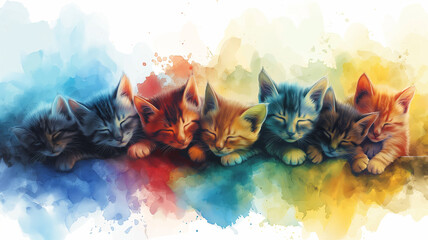Wall Mural - A group of cats are sleeping in a row