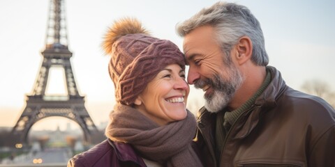 Wall Mural - Happy seniors couple on travel holiday in Paris with the Eiffel tower in the background. Generative AI.