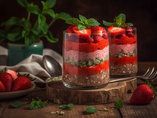 A refreshing and nutritious strawberry chia parfait, layered with fresh strawberries and vibrant green mint leaves, presented in a clear glass against a rustic backdrop