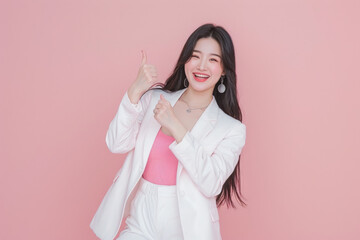 Wall Mural - A full-body photo of an Asian woman wearing a white suit and pink top, smiling while showing a thumbs up gesture with one hand on her waist
