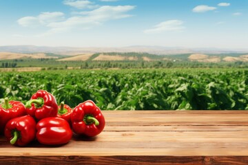 empty wooden table over bulgarian pepper field background. summer mock up for design and product dis