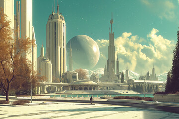 Poster - Retrofuturistic landscape in mid-century sci-fi style. Retro science fiction scene with futuristic city buildings.