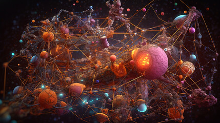 Poster - Abstract scientific concept with connected cells and particles. Science microscopic background.