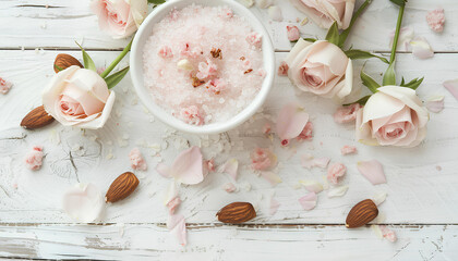 Wall Mural - moisturizing salt scrub with pink flecks and roses and almonds on white wooden table