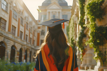 Wall Mural - Graduate wearing graduation cap against a university background, symbolizing academic achievement
