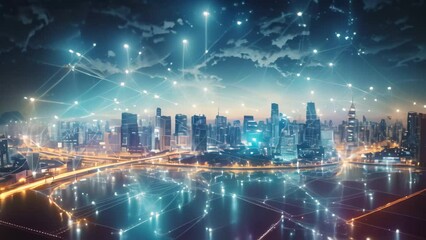 Poster - Concept of smart city with connection lines over cityscape at night, Double exposure of cityscape and high technology network connection concept. Panoramic cityscape background, AI Generated