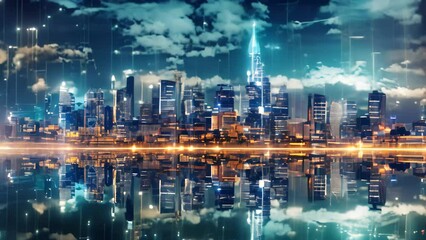 Poster - Cityscape with buildings and charts on the background of the night sky, Double exposure of cityscape and high technology network connection concept. Panoramic cityscape background, AI Generated