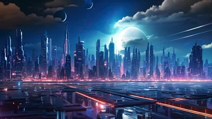Poster - Futuristic city at night with full moon. 3d rendering, Futuristic city at night, 3D rendering. Computer digital drawing, AI Generated