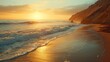 Tranquil beach scene with waves lapping the shore and sun setting beside a cliff, casting a golden light.