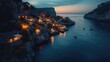 © Jonas - A tranquil coastal village with lit houses nestled by cliffs at dusk.