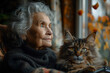 close up portrait senior elderly very old sad woman with domestic cat feeling lonely at poor room house interior looking at one window  dramatic style, AI