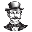 Portrait of gentleman with mustache in top hat sketch engraving vector illustration. T-shirt apparel print design. Scratch board imitation. Black and white hand drawn image.