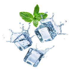 Poster - Fresh mint leaves splashing with ice cubes, cut out