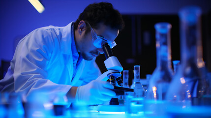 A focused scientist is examining a sample under a microscope in a laboratory with a vivid blue ambiance