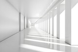 Fototapeta Przestrzenne -  A modern, empty white space with lots of natural light and a stunning abstract architecture backdrop.A deserted hallway rendered in 3D,white corridor with columns